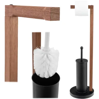 KADAX Toilettenpapierhalter mit integrierter Klobürste, Klopapierhalter Stehend mit Toilettenbürste für Badezimmer, WC Garnitur aus Stahl und Holz (Schwarz)