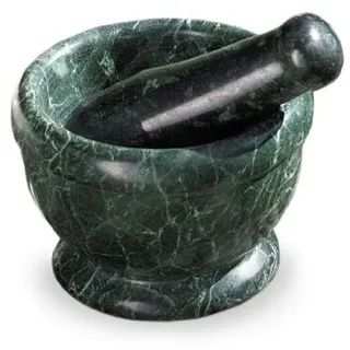 Küchenmörser Mörser Ø 12 x 9 cm aus Serpentin grün Naturstein mit Marmor Optik, Reibschale Zerkleinerer dickwandig massiv mit Stößel, Räuchergefäß Räucherschale