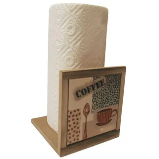 Küchenrollenhalter aus Holz und Keramik mit Kaffeedekor