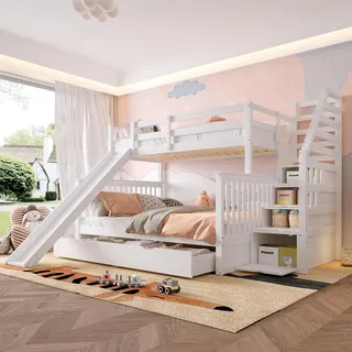 Moimhear 90 x 200 und 140 x 200 Kinder-Etagenbetten mit Schubladen, Stauraum und Rutsche, multifunktional, weiß