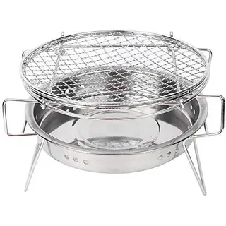 MAGT Holzkohlegrill, Edelstahl Round Mini BBQ-Grill Tragbarer Campinggrill Barbecue Grill Holzkohle Klappgrill Grillnetz für Outdoor Camping Picknick Kochen(22 x 14CM)