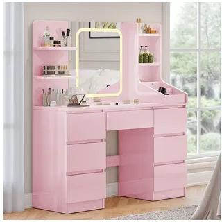 HOMALL Schminktisch mit dreifarbigen LED-Leuchten, Spiegeln und viel Stauraum (110 x 40 x 139 cm, mit 7 Schubladen und 8 Ablagefächern, schlicht und elegant) rosa