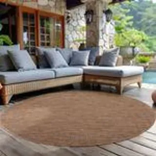 Outdoor Teppich Einfarbig Wetterfest Terasse Balkon Garten Küchenteppich Flachgewebe Sisal Optik, Größe: 160 cm Rund, Farbe: Braun - Braun