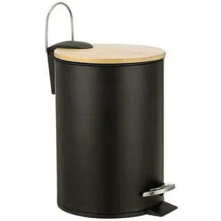 ADOB Kosmetikeimer Abfalleimer 3 Liter Treteimer mit Bambus Deckel, matt lackiert mit herausnehmbarem Inneneimer schwarz