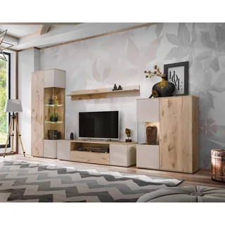 ASM-Moebel Wohnwand Wohnwand CATALINA mit Rillenfront und LED und Push - Click, Mit Led Beleuchtung und Push-Click System. beige