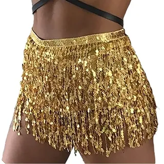 Wedity Bauchtanzrock Hüftgurt Pailletten Quaste Rock Hüftwickelschal Rave Musik Festival Kostüm für Frauen(Gold) - Einheitsgröße
