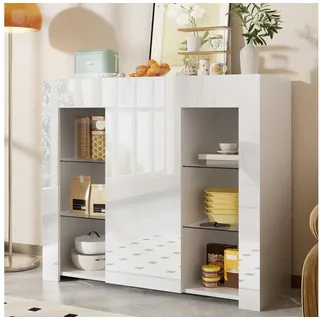 Merax Sideboard Buffetschrank mit Hochglanz-Front (1 St., für Wohnzimmer, Esszimmer oder Küche), Kommode mit Glasregalen und Tür, Anrichte Schrank Buffet, 95x35x83cm weiß