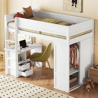 SOFTWEARY Hochbett mit Lattenrost, Schreibtisch und Kleiderschrank (90x200 cm) Kinderbett mit Rausfallschutz weiß
