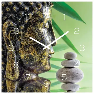 levandeo Wanduhr Glas 30x30cm Uhr Glasbild Buddha Kopf Steine Grün Wellness Wanddeko Küchenuhr