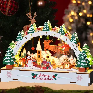 ACAREY Weihnachtsdeko Holz Lichterbogen Weihnachtsdorf mit Beleuchtung & Tmer, Weihnachten Schwibbogen Weihnachtshaus Beleuchtet Weihnachtsstadt Weihnachtshäuser, Weihnachten Village Beleuchtet (B)