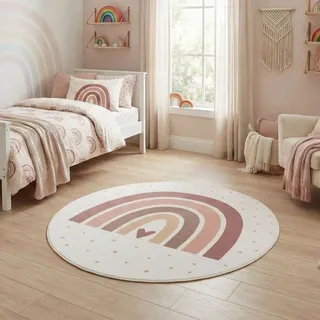 Carpetsale24 Kinderteppich Regenbogen Spielteppich rund 120 cm für Kinderzimmer in Creme mit Herz Motiv ideal für kleine Spielecken - Creme
