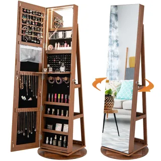 Costway Schmuckschrank mit LED, Spiegelschrank 360° drehbar, mit rahmenlosem Ganzkörperspiegel, Schmuck-Organizer abschließbar, Schmuckaufbewahrung Braun