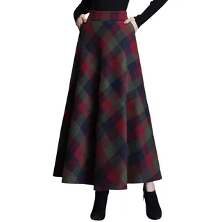 StarTreene Damen Midi-Rock Elegant Herbst Winter A-Line Rock Lange Rockabilly Kariert Elastische Taille mit Taschen - 42