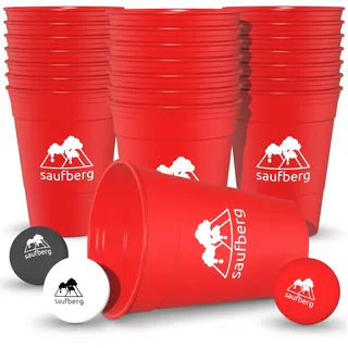 saufberg Beerpong Set - 22 Mehrweg Hartplastik Bierpong Becher | Festival | Geburtstag | Spülmaschinenfest | Red Cups extrem stabil | inkl. Bälle und Cupsocke | Rot