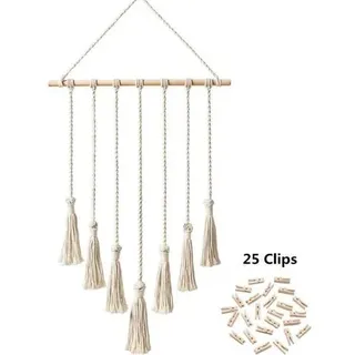 Makramee-fotowandhalterung, Wand-fotoorganizer, Boho-deko Mit 25 Holzclips, Beige