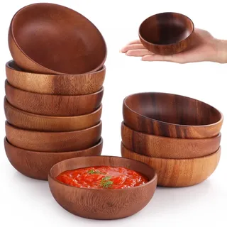 10 handgefertigte Schalen aus Akazienholz, 10 Stück, klein, rund, Kalebassenschalen, perfekt für Salat, Dips, Vorspeisen, Gewürze, Nüsse, Süßigkeiten und Müsli, Serviertablett