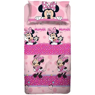 Disney Minnie Mouse Bettwäsche-Set für Einzelbett - Bettlaken, Spannbettlaken, Kissenbezug, Rosa, 100% Baumwolle, Offizielles Produkt