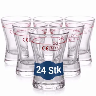 Van Well Wachtmeister Schnapsgläser 28 ml, 24er Set, geeichte Shotgläser | Geeichte Shotgläser mit rotem 2 cl Eichstrich, robustem Glas & spülmaschinengeeignet – TableRoc Qualität – Für Bar & Gastro