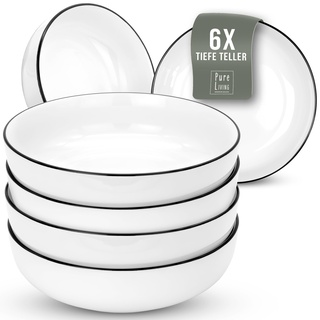 Suppenteller 6er Set Porzellan Scandi - weiß, Skandinavischen Design, Spülmaschinenfest - Stylishe Salat und Pasta Teller Tief Groß - Modernes Geschirr, Geschirrset von Pure Living