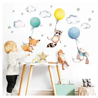 Little Deco Wandtattoo Fuchs Maus und Waschbär mit Luftballon DL508 M - 97 x 57 cm (BxH)