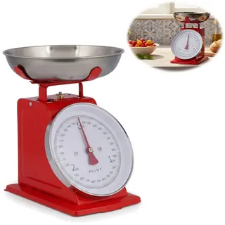 LS-LebenStil Küchenwaage Vintage Küchenwaage Retro Rot Manuelle Backwaage großes Ziffernblatt, (Manuelle Analoge Backwaage großes Ziffernblatt, 2-tlg., mit 1L Edelstahl Schüssel ohne Batterie / Strom Küche Waage), 3kg Skala mit großer Rührschüssel rot