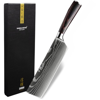 Shinrai Japan Japanisches Hackmesser 18 cm - Kochmesser - Messer mit Damaskusmuster - Küchenmesser Mit Luxus-Geschenkbox
