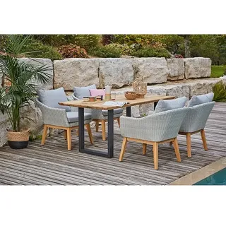 Sunfun Paula Gartenmöbel-Set XL  (6 -tlg., Schweizer-Kante/U-Gestell, Teak/Edelstahl/Polyrattan/Aluminium, Teak/Grau/Naturbraun)