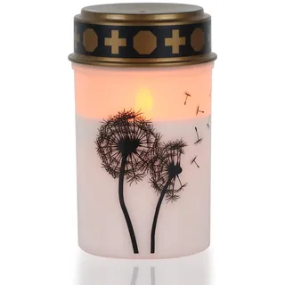 Eldnacele Grablicht LED mit Batterie für draußen, 6H Timer, 1 Stück | LED Grablicht für draußen, Grabkerze LED mit Batterie, wasserdicht, flackernde Flamme, Weiß, Pusteblumenmotiv, Gedenkkerze