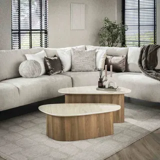 Couchtisch 2er-Set Joradis Keramik Travertin-Optik, modern dreieckig, beige, Säulengestell