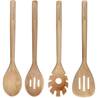 KitchenAid 4-teiliges Bambus-Werkzeugset mit massivem Löffel, Schlitzlöffel, Schlitzwender und Pastaheber natur