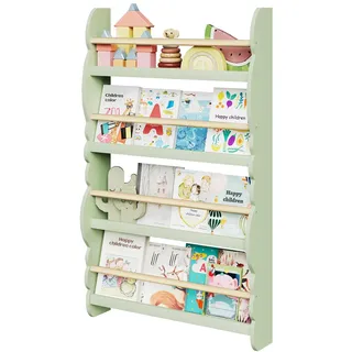 WOLTU Kinder Bücherregal Wand, Bücher-Organizer mit 4 Ablagen, Kinderregal für Buchaufbewahrung, Wandregal Kinderzimmer aus Kiefernholz E1 MDF, für Spielzimmer, Grün