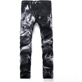 WQZYY&ASDCD Jeans Pantalon Nachtclub Herren 3D-Druck Jeans Schwarz Wolf Muster Gedruckt Punk Schlank Gerade Baumwolle Lässige Print Denim Hosen Plus Größe
