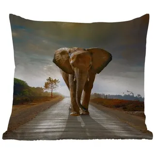 MuchoWow Dekokissen Elefant - Straße - Tiere - Sonnenuntergang - Landschaft, Kissenhülle für den Außenbereich, Outdoor, Kissen, 50x50 cm bunt Quadratisch | 50 cm x 15 cm x 50 cm