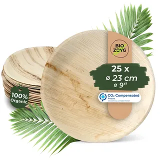 BIOZOYG 25 Stück Einwegteller Ø 23cm Palmblatt-Teller, rund, biologisch abbaubar, umweltfreundlich, kompostierbar, wiederverwertbar, Wegwerfteller