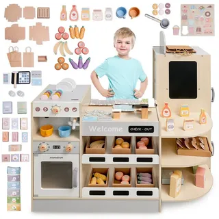 Mamabrum Kaufladen Großer Holzeckladen mit Bar für Kinder - 106 Teile beige|grau