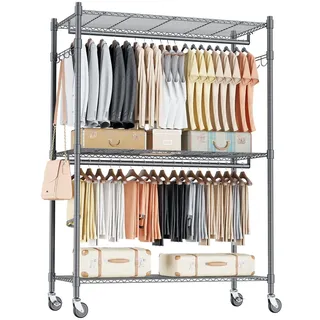 Himimi Doppelter Kleiderständer/Kleiderstange mit Höhenverstellbaren Ablage,Kleiderständer auf Rollen, Stabiles Metall,Schwerlast-Kleiderständer mit 2 Haken, 90 * 42 * 205cm, Grau