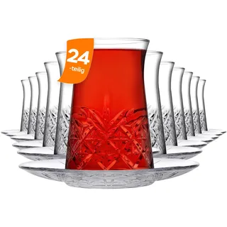 NORDIC SCHILLER Türkische Teegläser Set 160 ml (24-teilig für 12 Personen), 12 Teegläser aus Glas mit 12 Untertassen, Traditionelles Cay Bardagi Set für Stilvollen Teegenuss