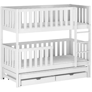 Deine Möbel 24 Etagenbett LUKAS Stockbett Hochbett Kinderbett für 3 Kinder 90x200 Weiß (mit Ausziehbett, Matratzen optional, 3-St., Funktionsbett inkl. Lattenrost, Rausfallschutz und 2 Schubladen), aus Vollholz Massivholz Kiefernholz, in 2 Einzelbetten umbaubar weiß
