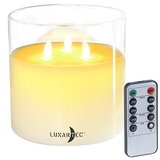 LED-Echtwachs-Kerze im Windglas, 3 bewegliche Flammen, Fernbedienung
