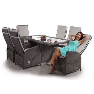 Luxus Poly-Rattan-Garnitur Burgos, Premium Lounge Set Alu-Sitzgruppe Tisch + 6 verstellbare Stühle ~ grau