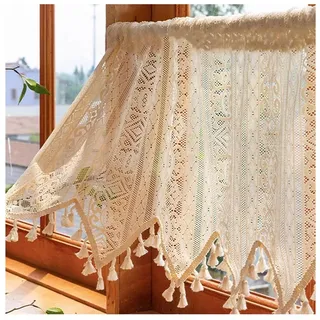 Qelus Schiebegardine Boho Bistrogardine Fenstergardinen Kurz Gardine Küche Quaste Landhaus (2 St), Hohl für Wohnzimmer 132 cm x 45 cm