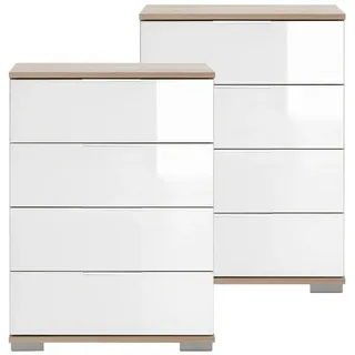 Lomadox Nachttisch ELSTRA-43, Eiche sägerau Nb. mit weißem Glas 52/74/38 cm weiß