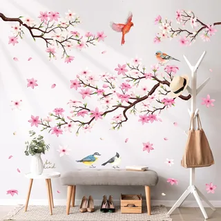 DECOWALL SG2-2305 Kirschblüte Wandtattoo Wandaufkleber Rosa Blumen Äste Vögel Wandsticker Schlafzimmer Wohnzimmer Fenster Wanddeko