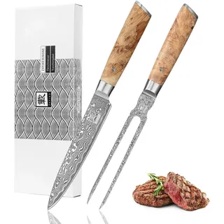 Zayiko Kinone Damastmesser Tranchier-Set 17-18 cm 2-tlg. Wurzelholzgriff Schwarz
