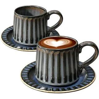 NIUKOMY Kaffeetassen mit Untertasse Vintage 2er Set, 300ML Keramik Cappuccino Tassen, Goße Espressotassen Porzellan, Handgefertigte Nostalgie Steingut Tassen für Tee Frühstück Milch, Blau