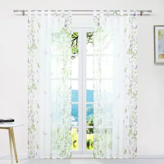 ESLIR Gardinen mit Schlaufen Gardinenschal Voile Transparent Schlaufenschal Modern Vorhänge mit Schmetterling Muster 1 Stück Grün BxH 140x225cm 1 Stück