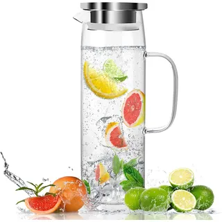 Glaskaraffe mit Deckel 1.5 Liter, Wasserkaraffe aus Borosilikatglas, Wasserkrug Glas Hitzebeständig für kaltes oder heißes Wasser, Glaskanne für DIY Getränke, Saft, Tee, Milch, Glaskrug Karaffe