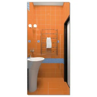 Wallario Türtapete Modernes Badezimmer in orange mit blauen Fliesen, glatt, ohne Struktur braun 0.93 m x 2.05 m