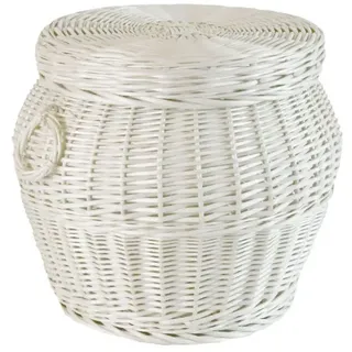 MyBer MyBer® Pouf Hocker aus Weide mit Stauraum, Deckel und Griffen rund weiß Wäschebox Weidenkorb Deko Korb Box Handarbeit K7-148-W