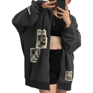 Cynefoa Y2K Gothic Hoodie für Damen, mit Reißverschluss, ästhetisch, lässig, Vintage, Oversize-Sweatshirt, Harajuku-Pullover - XL